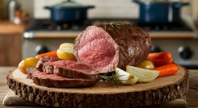 Um pedaço de carne assada em cima de uma tabua de carne rustica