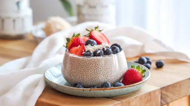 Tigela de pudim de chia com coco, decorada com frutas frescas e coco ralado.