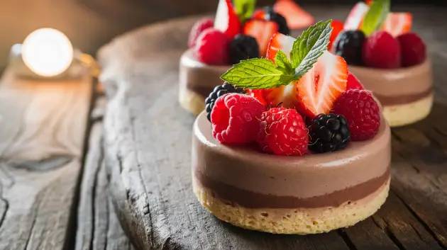 Mousse de Chocolate com Frutas Vermelhas em uma taça decorada com folhas de hortelã.
