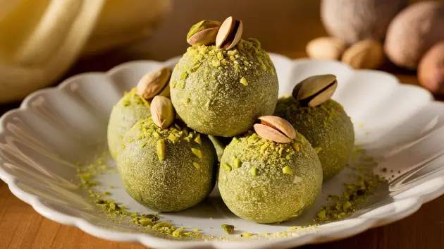 Brigadeiro de pistácio num prato branco, coberto com pistácio esmagado