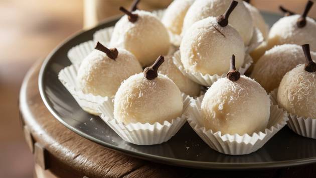 Beijinho de coco com leite condensado servido em forminhas.