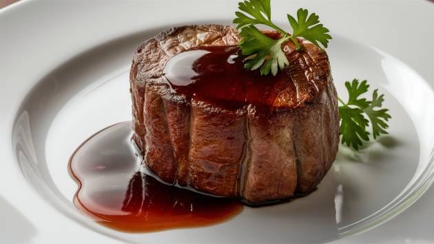 Filé Mignon ao Molho Madeira servido com molho brilhante e decorado com uma ramalhete de salsa.