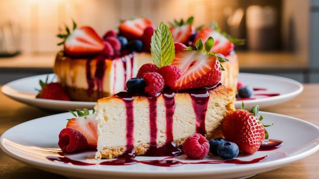 Fatia de cheesecake de frutas vermelhas com calda e frutas frescas.