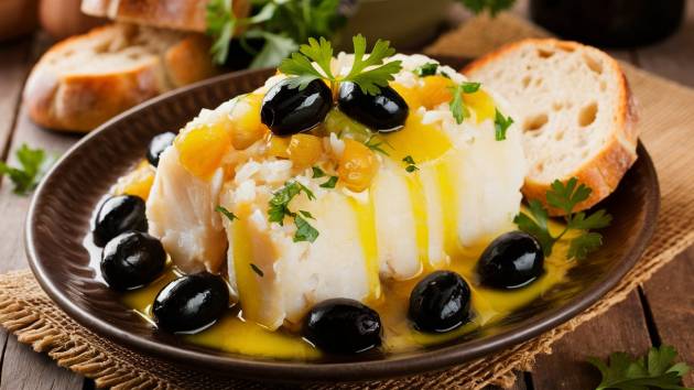 Prato de arroz de bacalhau com azeitonas, servido em uma mesa rústica com azeite e pão ao lado.