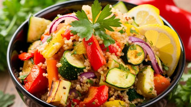 Salada de quinoa com legumes assados em uma tigela colorida, com abobrinha, pimentão vermelho, cenoura e cebola roxa, decorada com salsinha e limão.