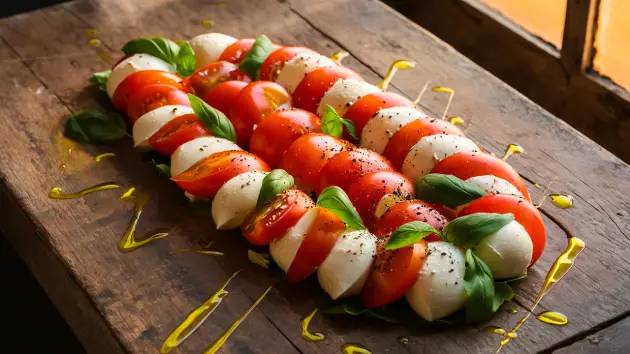 Salada Caprese fresca com tomates, mussarela de búfala e manjericão em uma mesa rústica.