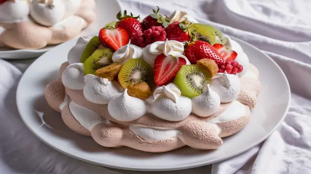 Pavlova clássica decorada com frutas frescas.