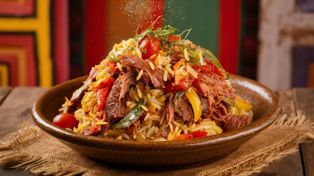 “Carreteiro de Charque Gaúcho servido numa tigela rústica, com arroz, charque desfiado, legumes e ervas frescas.