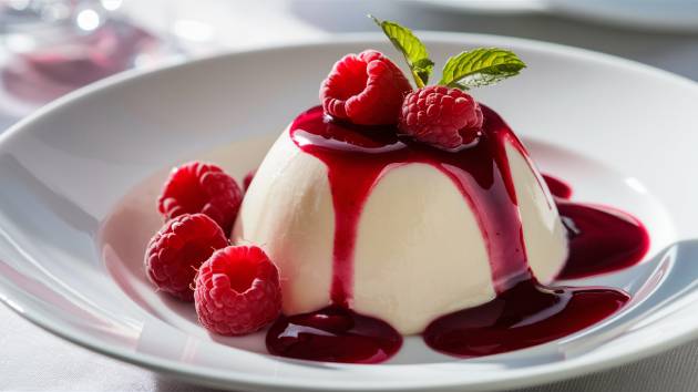 Panna Cotta sobremesa italiana com calda de frutas vermelhas e framboesas frescas.