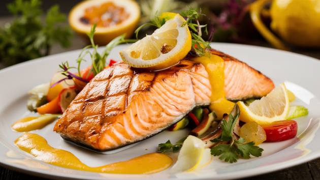 Salmão grelhado com molho de maracujá servido com ervas frescas e legumes.
