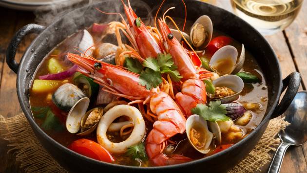 Caldeirada de frutos do mar com camarões, lulas, peixes e mariscos em um caldo aromático, decorada com coentro fresco.