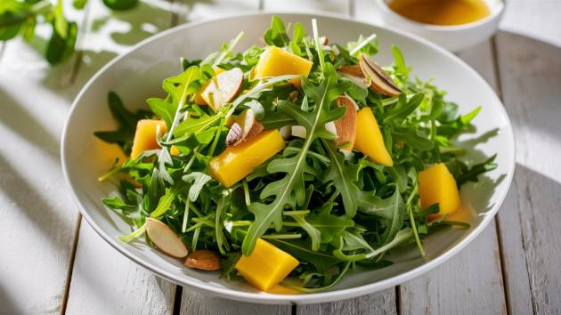 Salada de rúcula com manga e amêndoas em uma tigela branca, com molho ao lado.