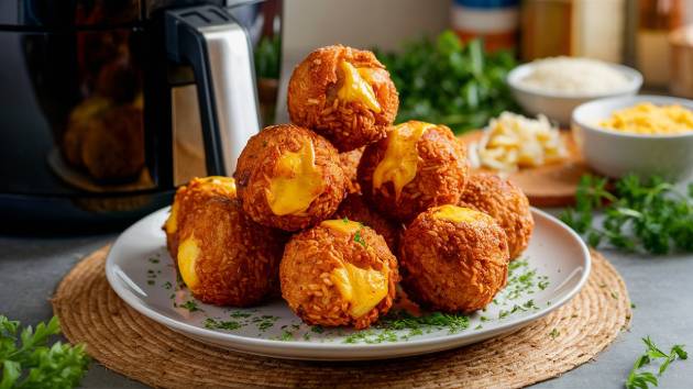 Bolinho de arroz com queijo crocante feito na Air Fryer, servido em um prato branco com ervas frescas por cima.