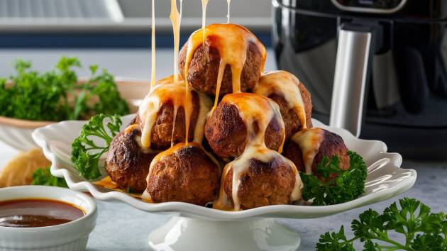 Prato de almôndegas recheadas com queijo, douradas e servidas em um prato de cerâmica, com uma air fryer ao fundo.