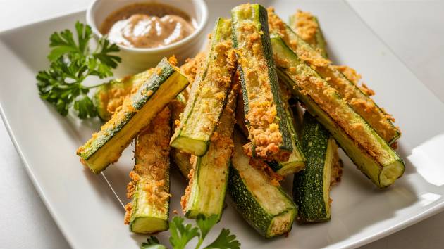 Palitos de abobrinha crocante na Air Fryer servidos em um prato com molho.