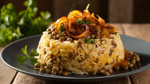 Prato de arroz com lentilhas e cebolas caramelizadas decorado com salsinha fresca.
