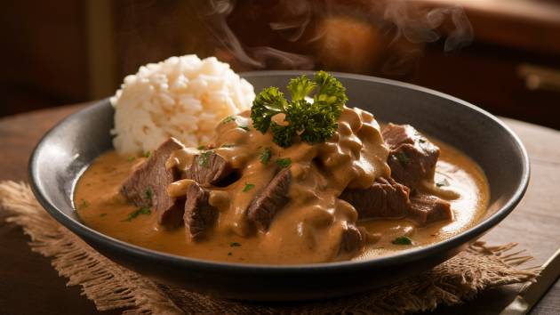 Prato de estrogonofe de carne servido com arroz branco em uma mesa de madeira rústica.