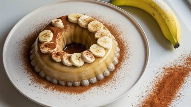 Crepioca fit com banana e cacau em prato branco, polvilhada com canela.