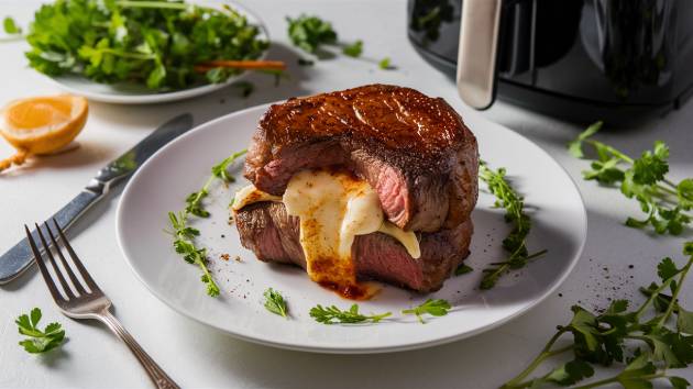 Bife recheado com queijo coalho crocante, servido em prato rústico com ervas frescas e utensílios ao lado.