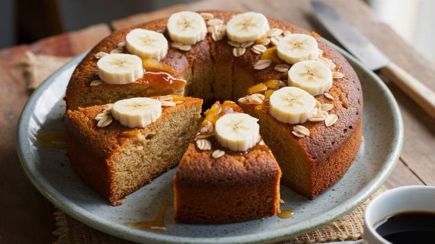Bolo de banana com aveia fitness servido em um prato de cerâmica rústico com bananas, aveia e mel ao redor.