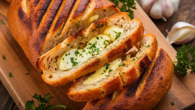Pão de alho crocante com recheio de manteiga de alho e salsa sobre uma tábua de madeira.