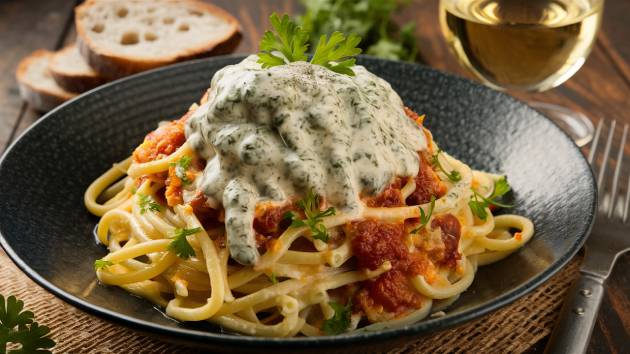 Prato de macarrão coberto com molho branco de gorgonzola cremoso, decorado com salsinha.