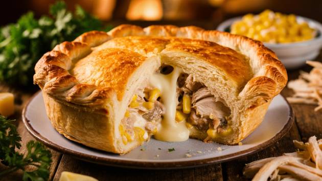 Torta cremosa de frango com massa folhada dourada e recheio cremoso.