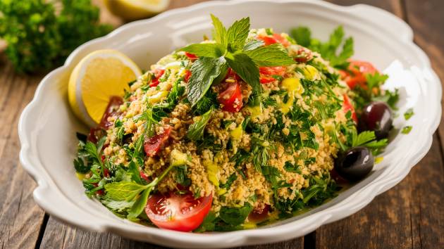 Tigela de tabule tradicional com salsa, hortelã, tomate e bulgur.