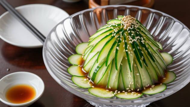 Salada de pepino japonesa Sunomono com gergelim e molho agridoce.